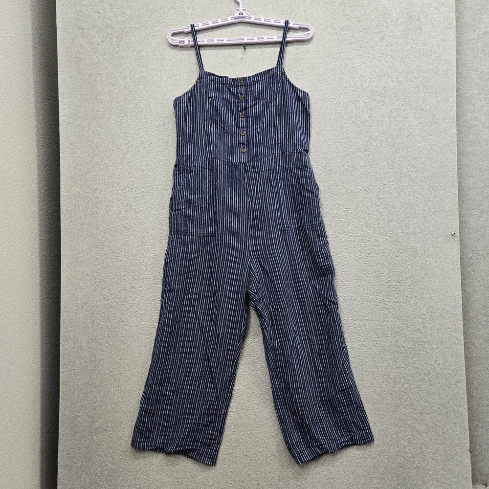 Old Navy Women Pants L Navy Linen Rayon Jumpsuit Striped Sleeveless Coastal
